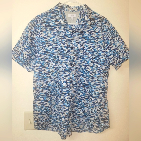 Calvin Klein Pixelated Mosaic Blue Button Down Shirt - Picture 2 of 13